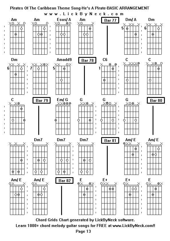 Chord Grids Chart of chord melody fingerstyle guitar song-Pirates Of The Caribbean Theme Song-He's A Pirate-BASIC ARRANGEMENT,generated by LickByNeck software.